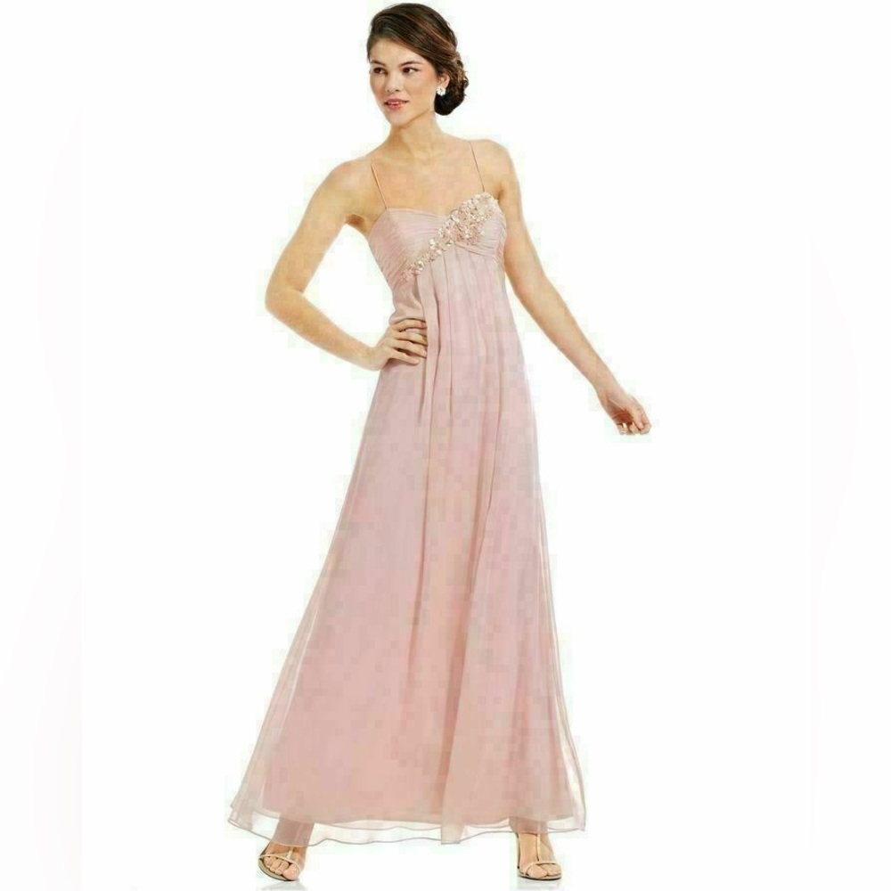 Adrianna Papell Floral Applique Chiffon Dress Beaded Sz 8 Blush Pink Pastel